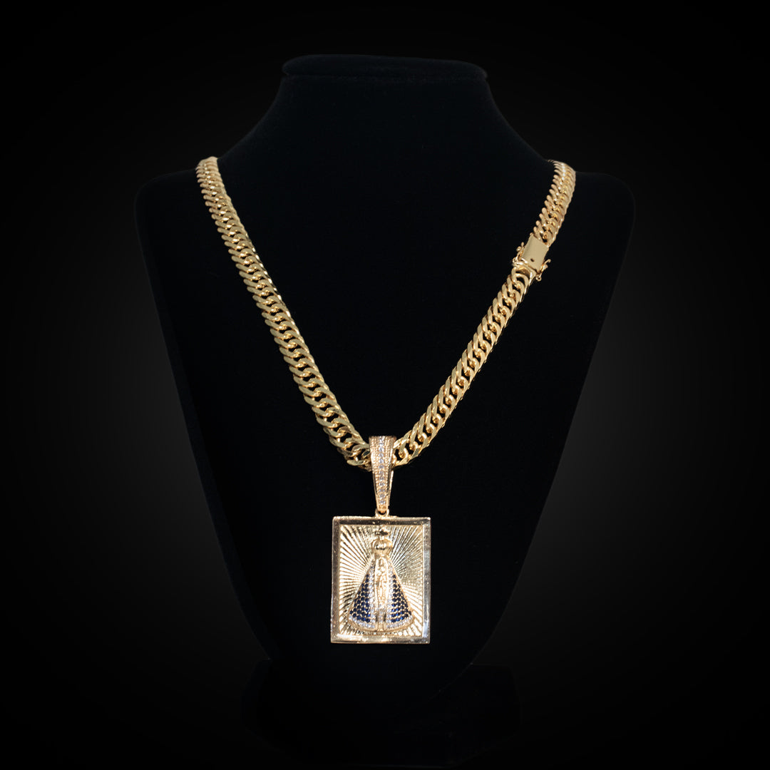Colar Grumet com Pingente Medalha da Virgem – Banho Dourado Premium 8mm
